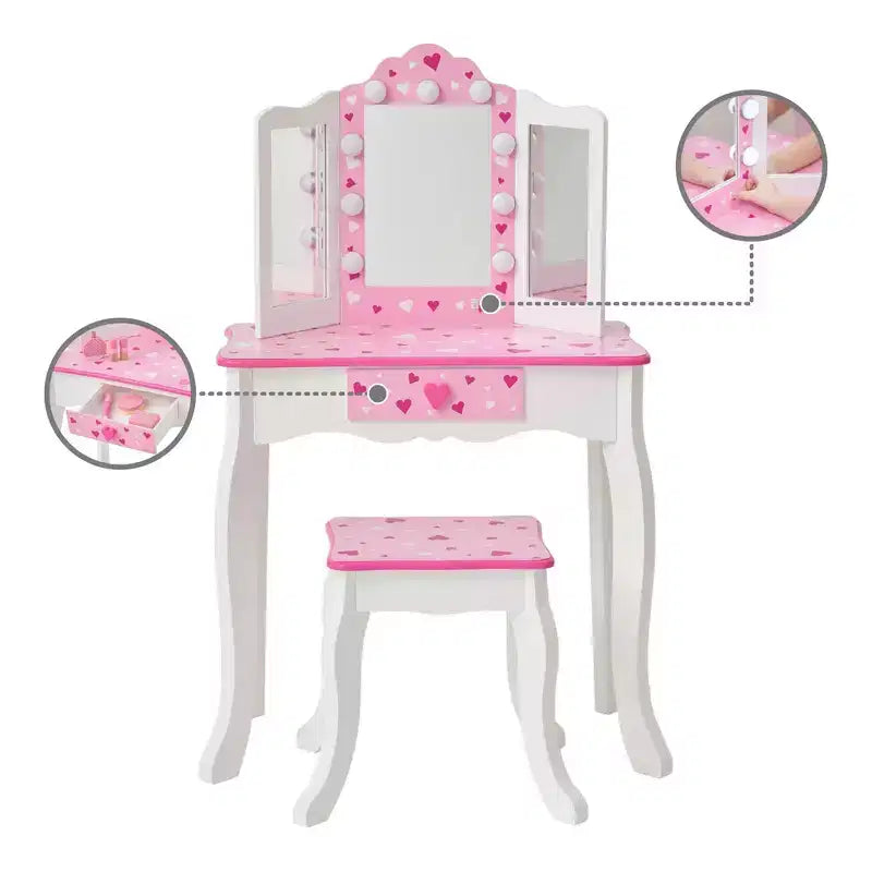 Little Princess Gisele Sweethearts Kids' Vanity with LED Lights White/Pink: Little Girl Vanity Set, Toddler Table