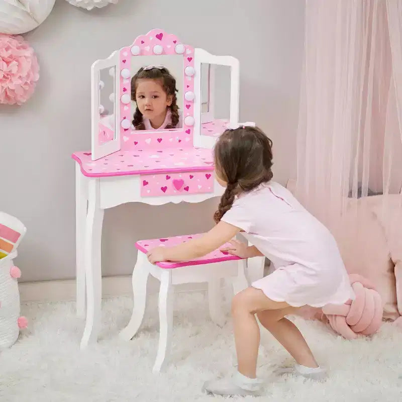 Little Princess Gisele Sweethearts Kids' Vanity with LED Lights White/Pink: Little Girl Vanity Set, Toddler Table