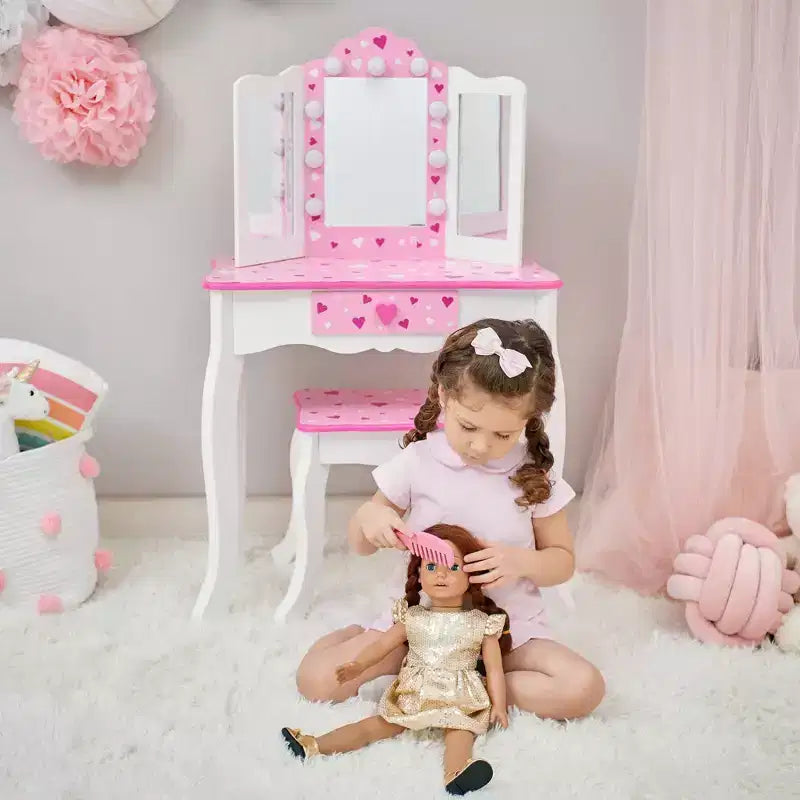 Little Princess Gisele Sweethearts Kids' Vanity with LED Lights White/Pink: Little Girl Vanity Set, Toddler Table