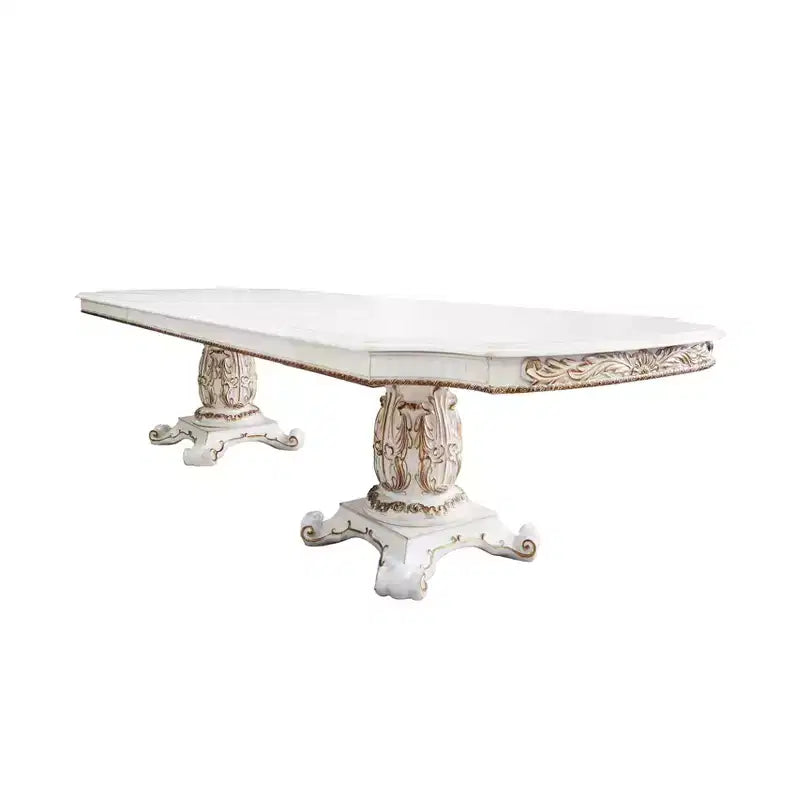 120" Vendome Dining Table Antique Pearl Finish: Double Pedestal, Gold Accents, 8 Seats