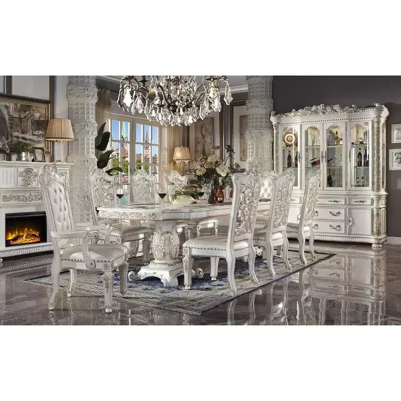 120" Vendome Dining Table Antique Pearl Finish: Double Pedestal, Gold Accents, 8 Seats