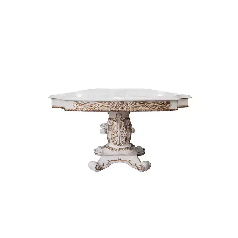120" Vendome Dining Table Antique Pearl Finish: Double Pedestal, Gold Accents, 8 Seats