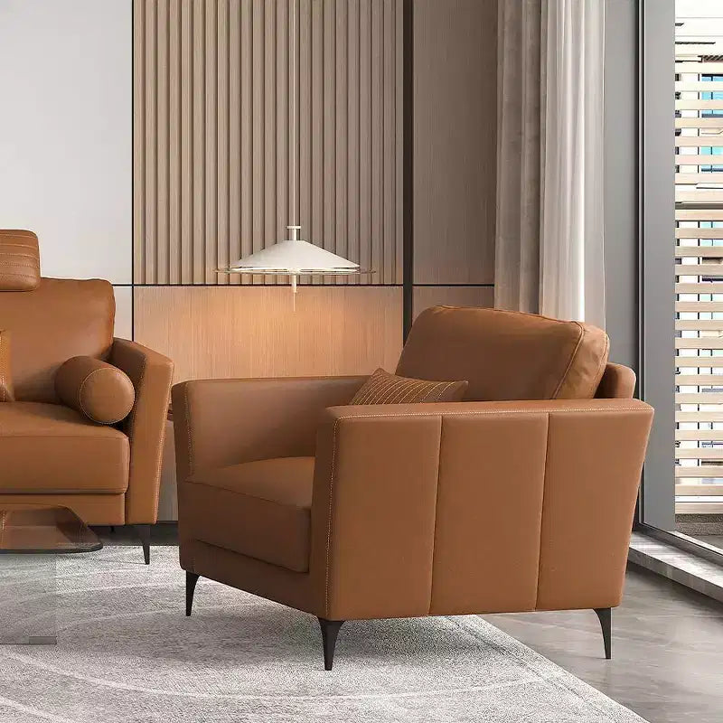 40" Tussio Accent Chair Saddle Tan Leather: Italian-Made, Bolster Cushions, Metal Legs, No Assembly Required