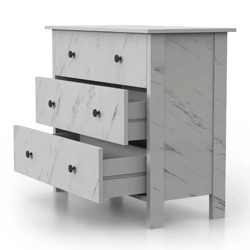 Fichte Transitional 3 Drawer Faux Marble Dresser White Marble - miBasics: Elegant Storage, MDF & Particle Board Construction