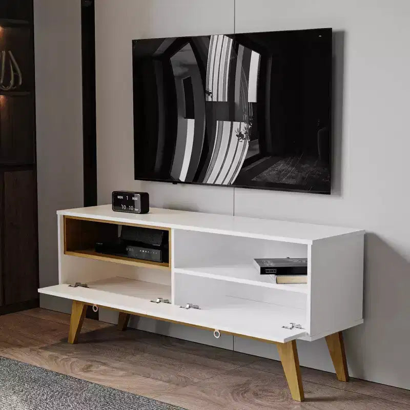 Olympia TV Stand for TVs up to 55" Black: Modern Console with Open Shelves & Storage Cabinet