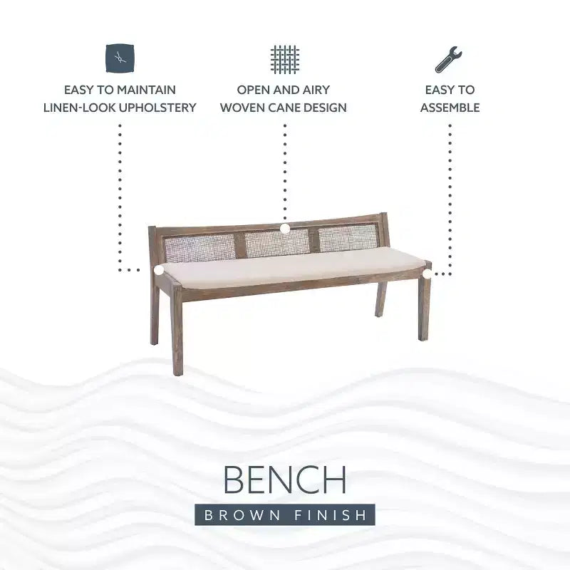 52" Bessie Solid Wood Rattan and Polyester Upholstered Bench Brown: Cane Back, Wooden Design