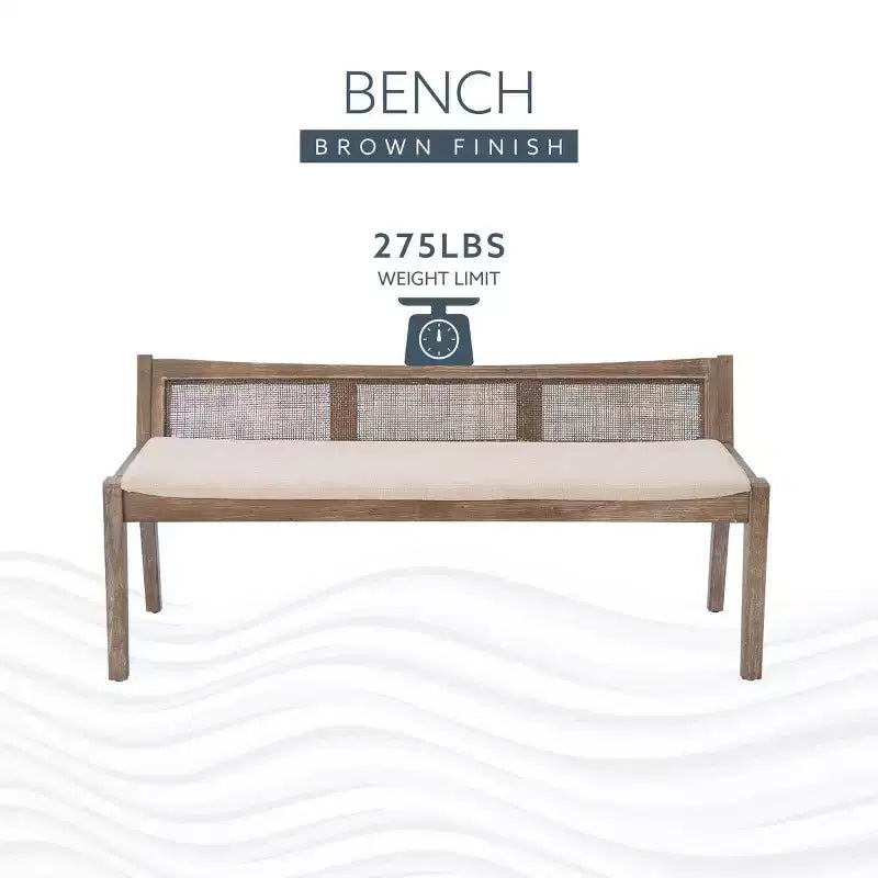 52" Bessie Solid Wood Rattan and Polyester Upholstered Bench Brown: Cane Back, Wooden Design