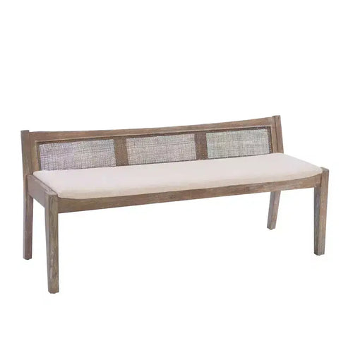 52" Bessie Solid Wood Rattan and Polyester Upholstered Bench Brown: Cane Back, Wooden Design