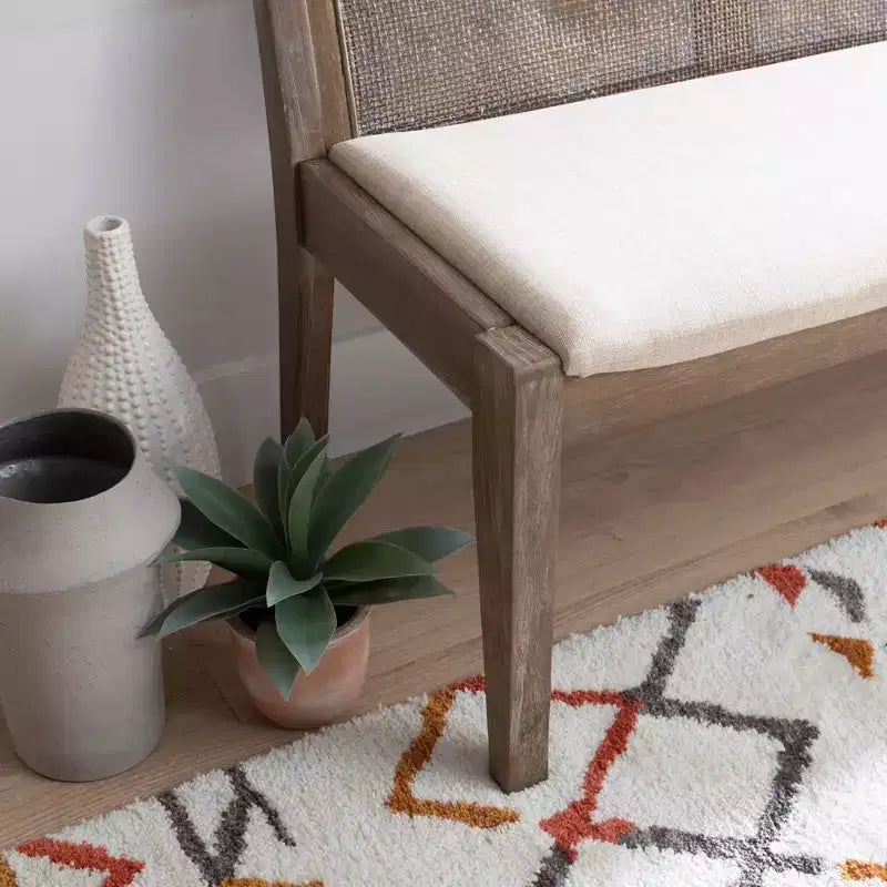 52" Bessie Solid Wood Rattan and Polyester Upholstered Bench Brown: Cane Back, Wooden Design