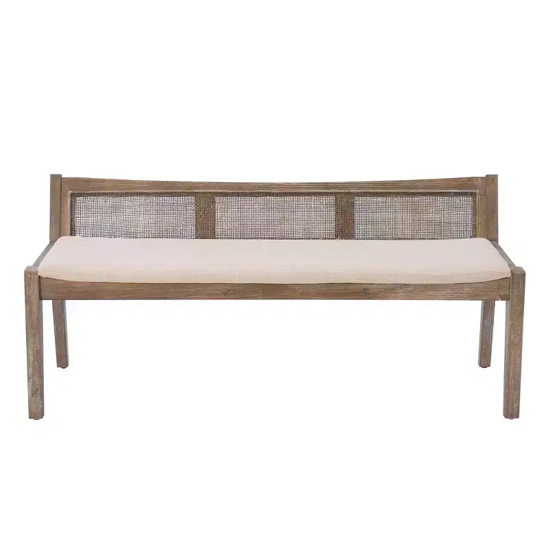 52" Bessie Solid Wood Rattan and Polyester Upholstered Bench Brown: Cane Back, Wooden Design