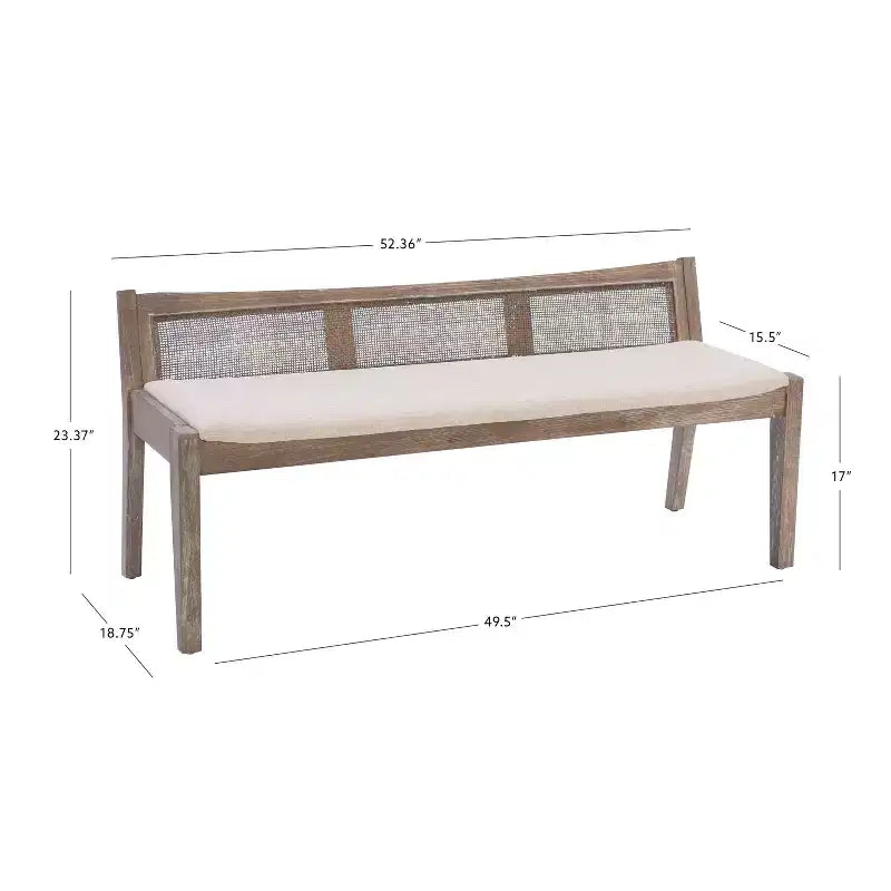 52" Bessie Solid Wood Rattan and Polyester Upholstered Bench Brown: Cane Back, Wooden Design