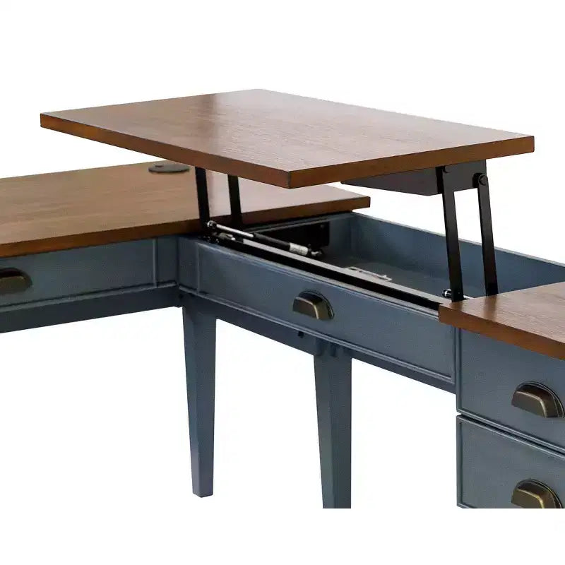 Open L-Shaped Pedestal Writing Desk Blue - Fairmont Collection: Wood, Charging Station, USB Port