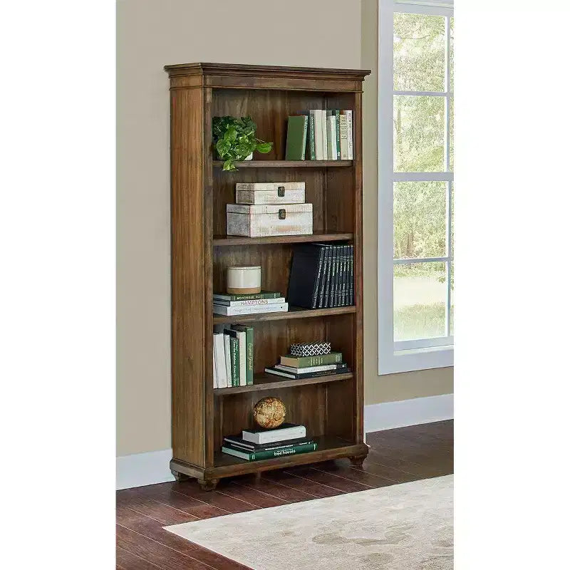 74" Porter Traditional Wood Open Bookcase Brown: Vintage Herringbone, No Assembly Required