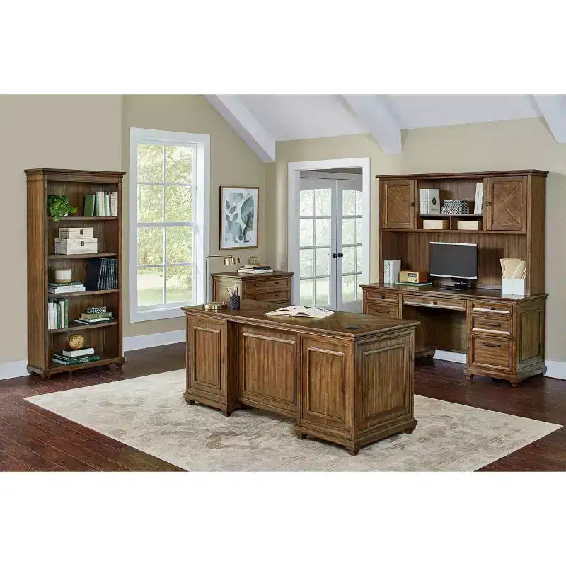 74" Porter Traditional Wood Open Bookcase Brown: Vintage Herringbone, No Assembly Required