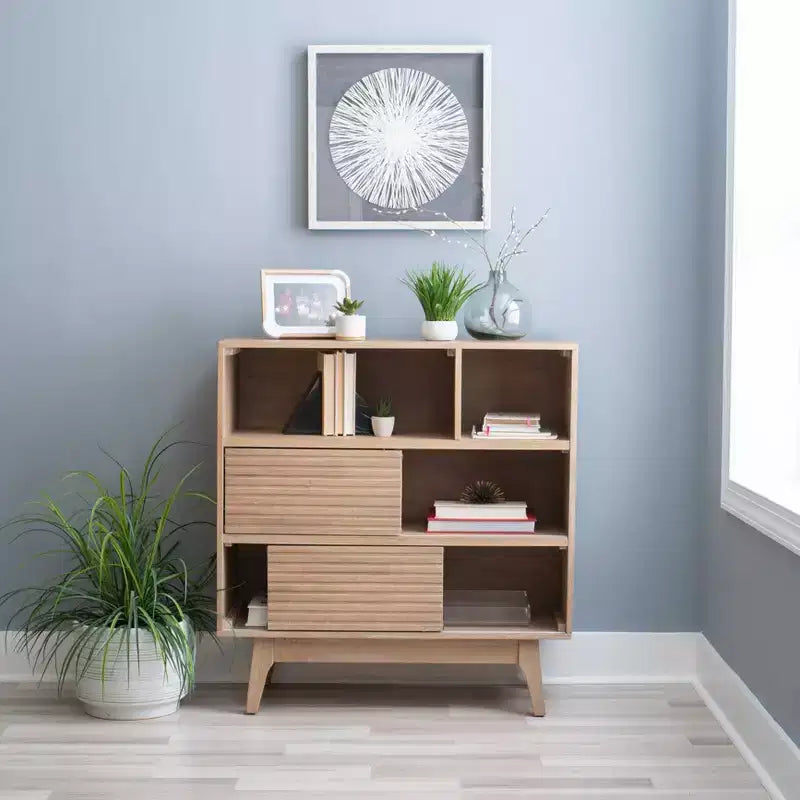 38" Wedeln 3-Shelf Mid-Century Modern Bookcase with Sliding Doors Natural Finish Wood