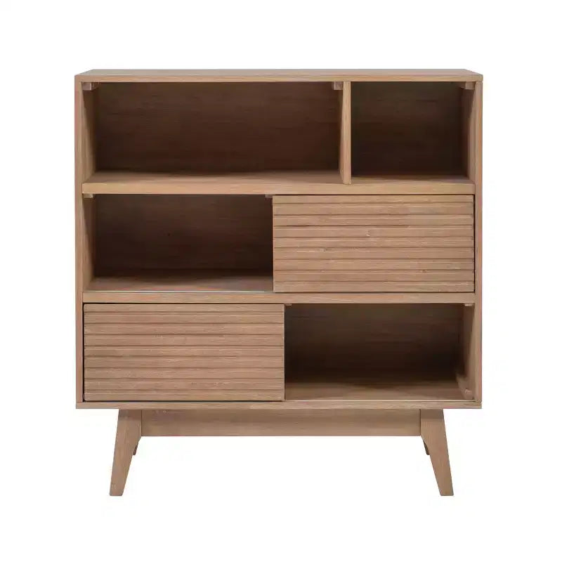 38" Wedeln 3-Shelf Mid-Century Modern Bookcase with Sliding Doors Natural Finish Wood