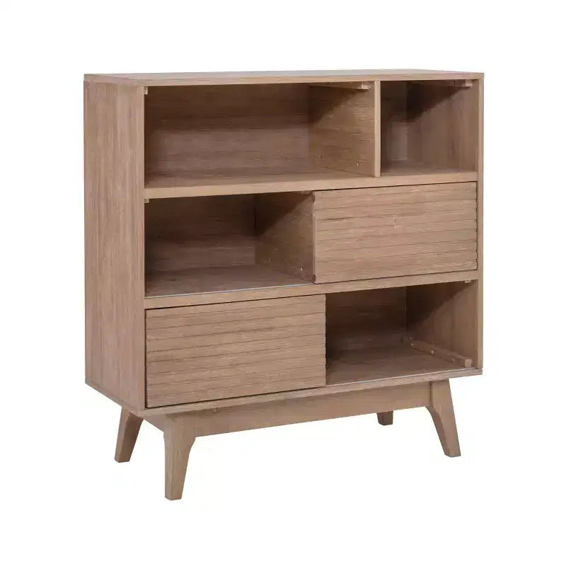 38" Wedeln 3-Shelf Mid-Century Modern Bookcase with Sliding Doors Natural Finish Wood