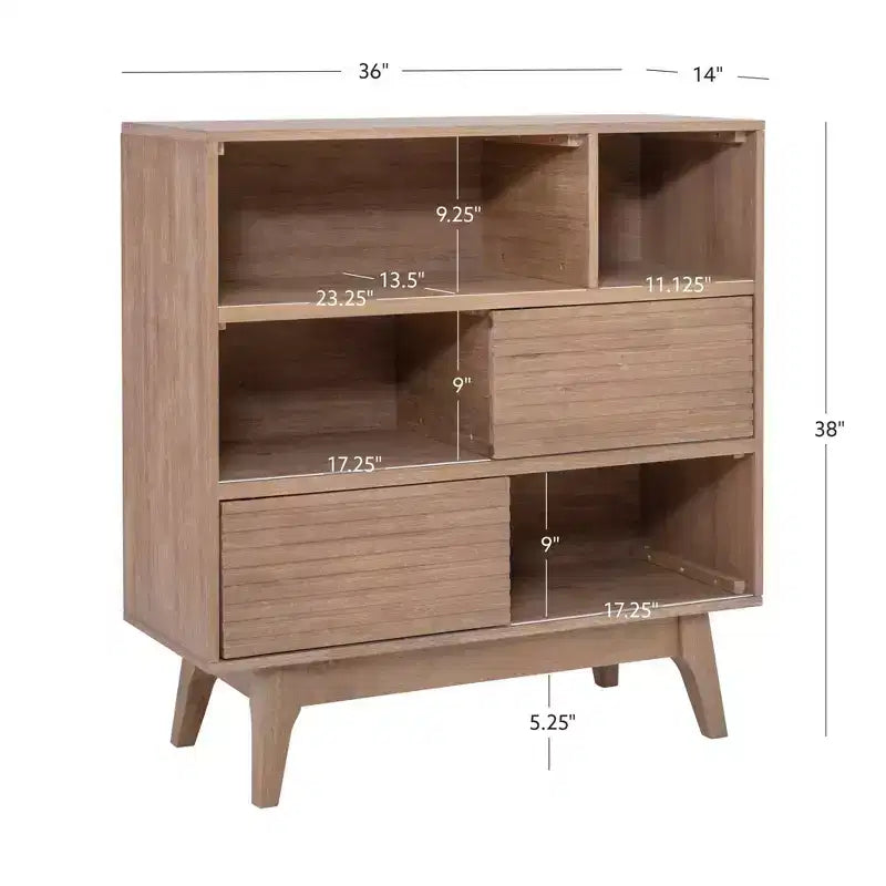 38" Wedeln 3-Shelf Mid-Century Modern Bookcase with Sliding Doors Natural Finish Wood