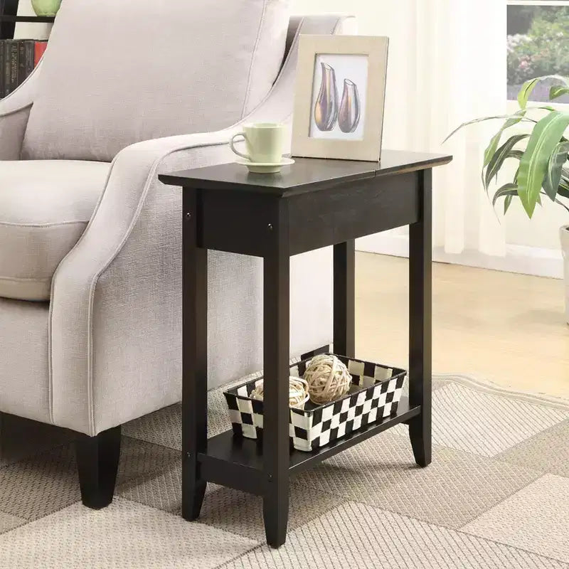 Harper End Table with Flip Top Storage and Lower Shelf Black