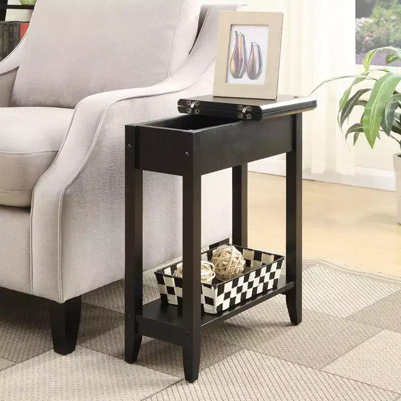 Harper End Table with Flip Top Storage and Lower Shelf Black