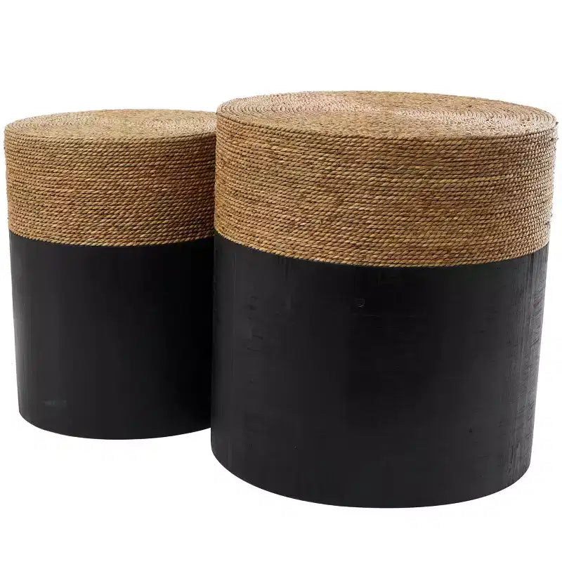 Wood Handmade Colorblock Wrapped Accent Table with Dried Plant Tabletops Black