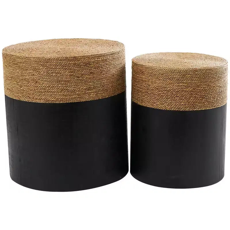 Wood Handmade Colorblock Wrapped Accent Table with Dried Plant Tabletops Black