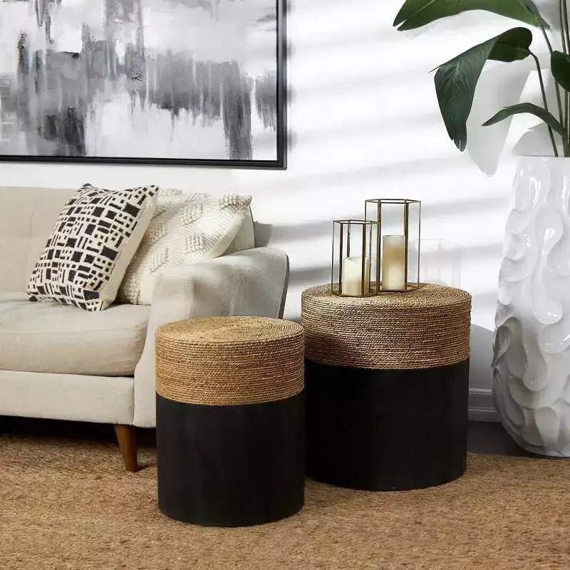 Wood Handmade Colorblock Wrapped Accent Table with Dried Plant Tabletops Black