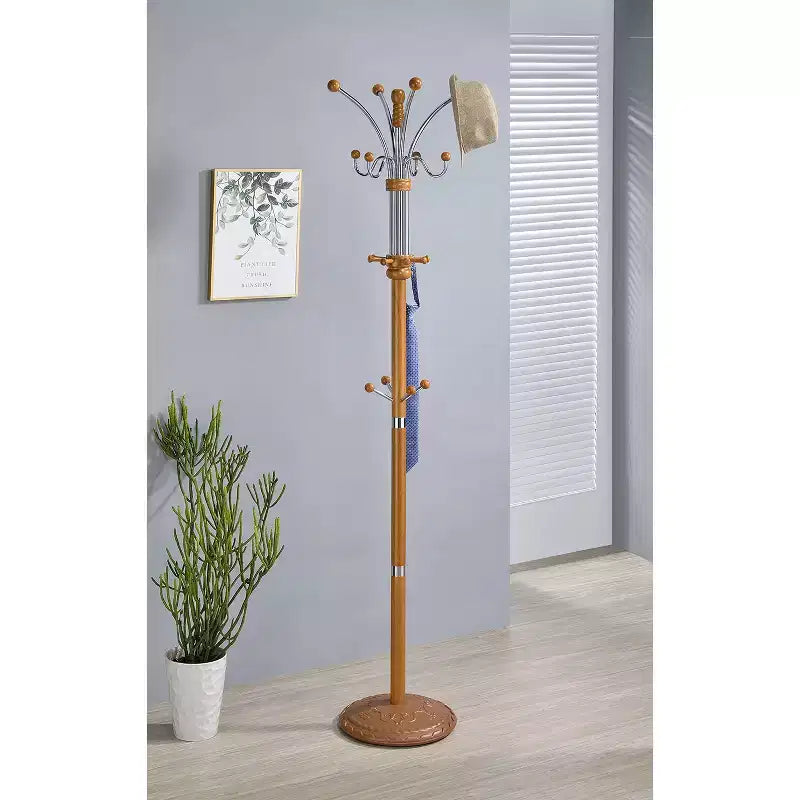 73" Coat Rack Metal/Oak Wood: 5 Hooks, Freestanding, Easy Adult Assembly