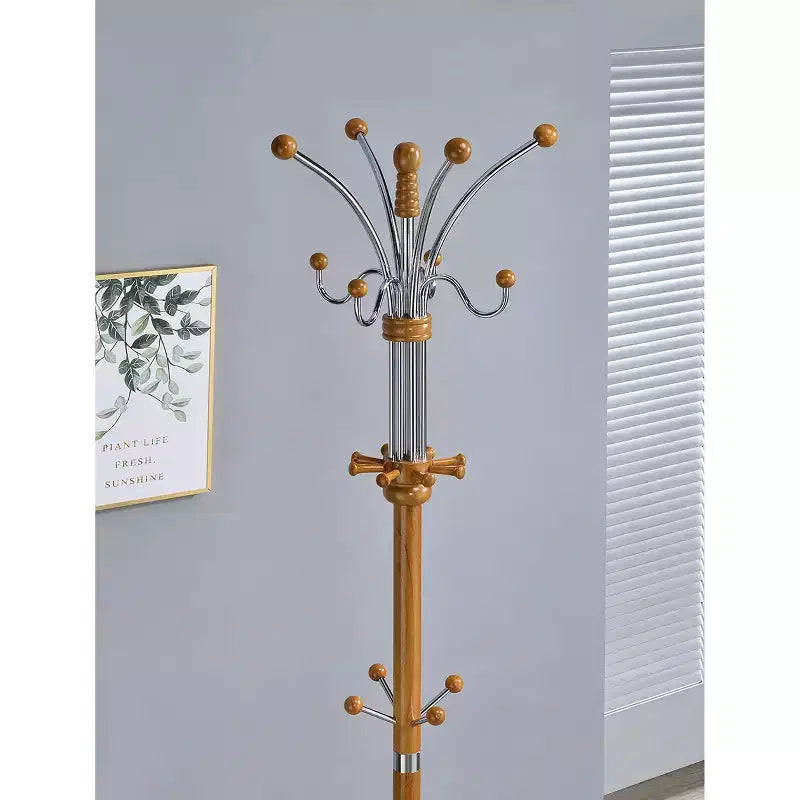 73" Coat Rack Metal/Oak Wood: 5 Hooks, Freestanding, Easy Adult Assembly