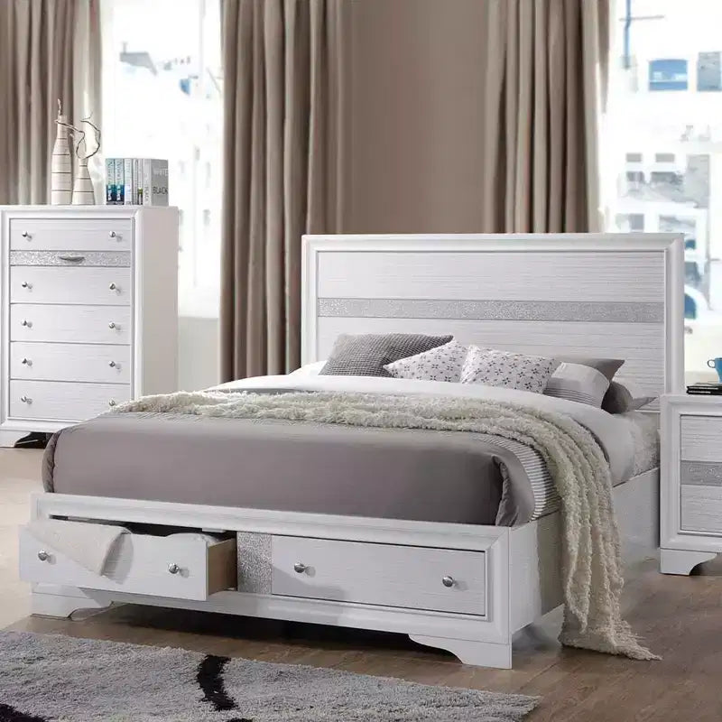 84" Queen Bed Naima Bed White: Contemporary Glossy Platform with Built-In Storage