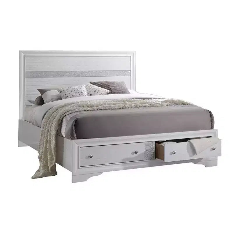 84" Queen Bed Naima Bed White: Contemporary Glossy Platform with Built-In Storage