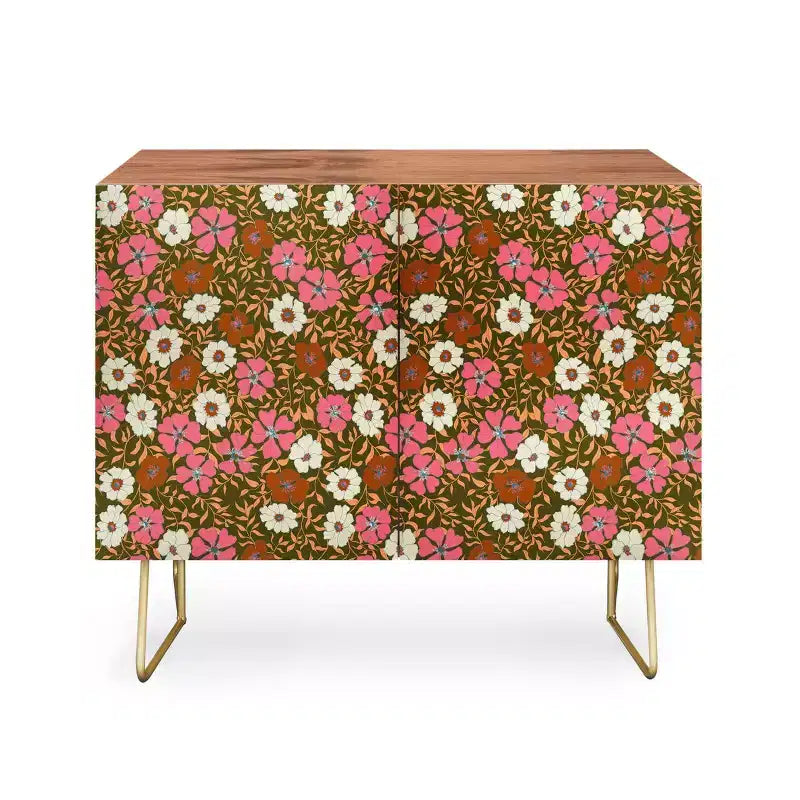 Floral Olive Walnut Credenza