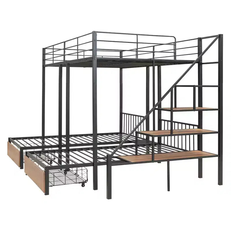 Full over Twin-Twin Triple Bunk Bed with Drawers and Staircase - ModernLuxe