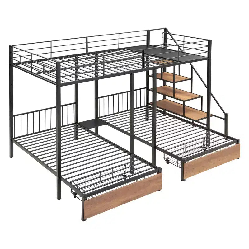 Full over Twin-Twin Triple Bunk Bed with Drawers and Staircase - ModernLuxe