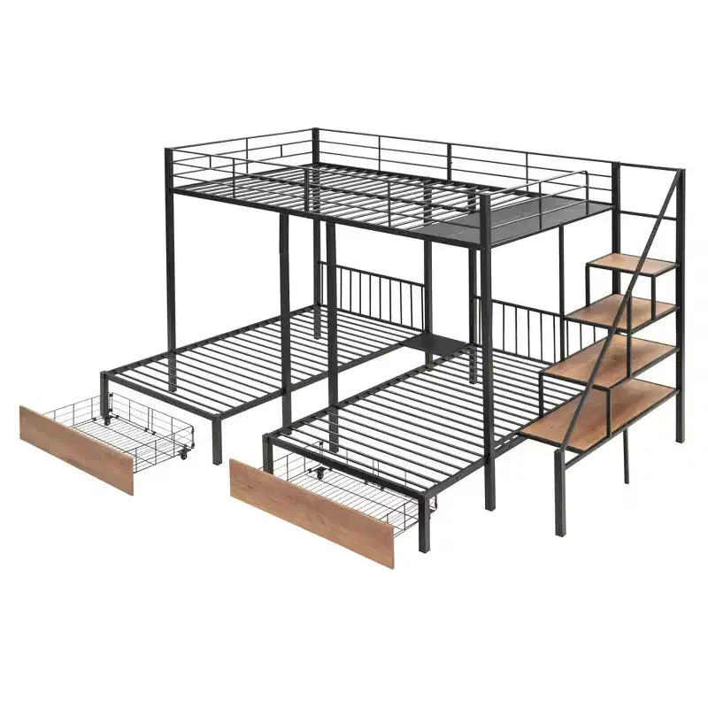 Full over Twin-Twin Triple Bunk Bed with Drawers and Staircase - ModernLuxe