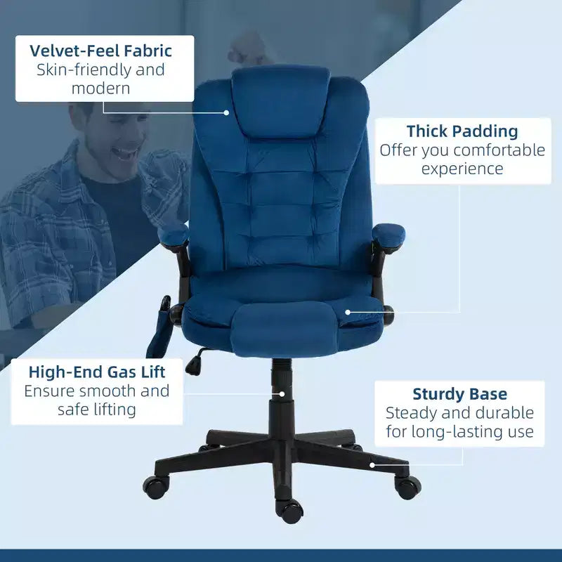 6 Point Vibrating Massage Office Chair with Heat, Velvet High Back Executive Chair with Reclining Backrest, Armrests