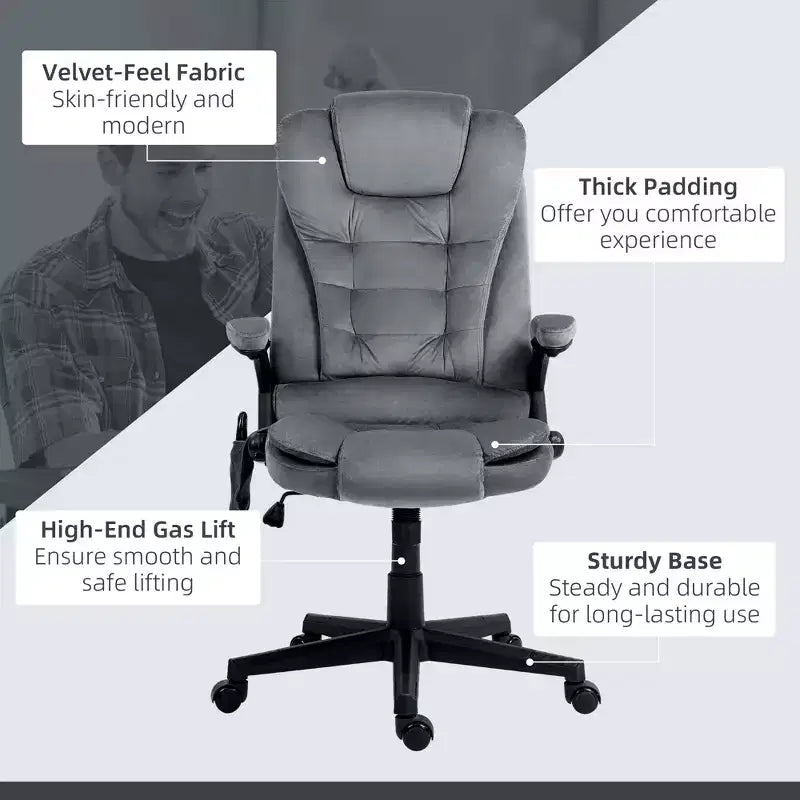 6 Point Vibrating Massage Office Chair with Heat, Velvet High Back Executive Chair with Reclining Backrest, Armrests