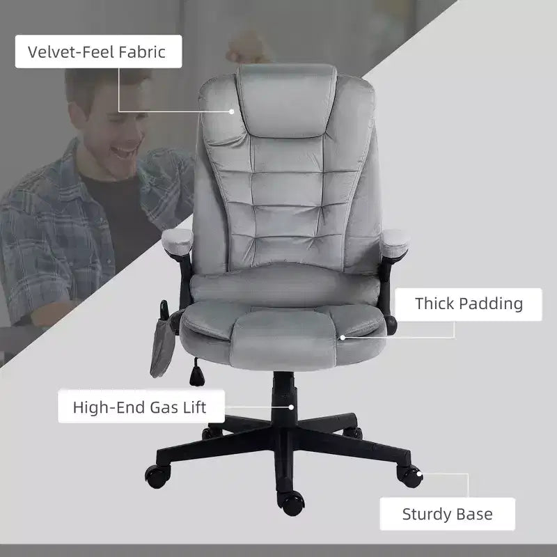 6 Point Vibrating Massage Office Chair with Heat, Velvet High Back Executive Chair with Reclining Backrest, Armrests