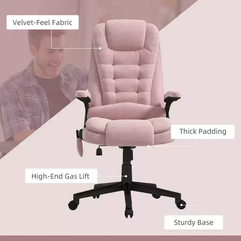 6 Point Vibrating Massage Office Chair with Heat, Velvet High Back Executive Chair with Reclining Backrest, Armrests