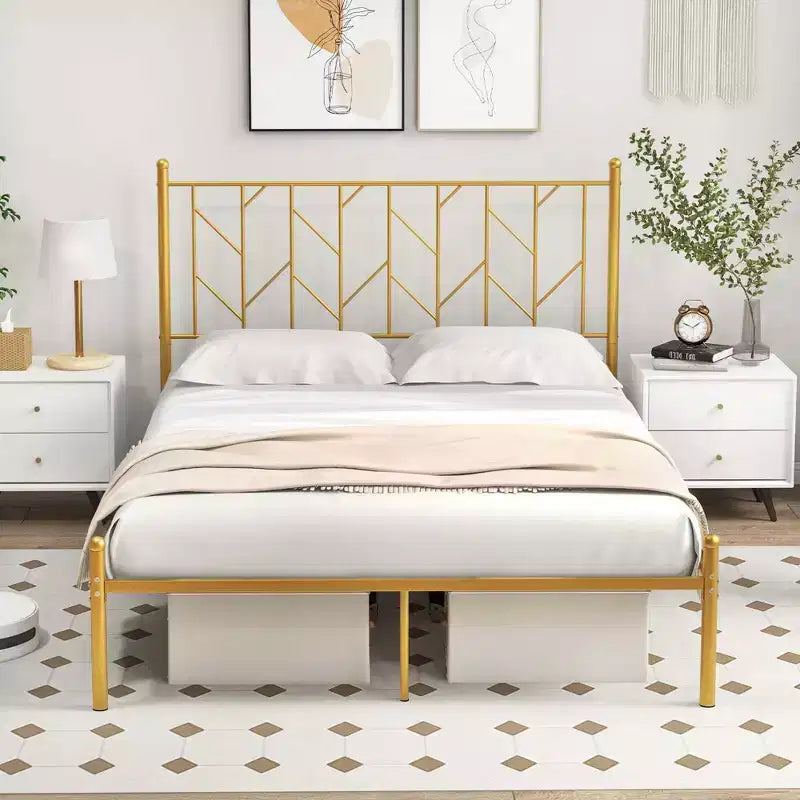 Full/Queen/Twin Size Metal Platform Bed Frame Vintage Headboard Mattress Foundation Gold
