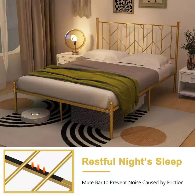 Full/Queen/Twin Size Metal Platform Bed Frame Vintage Headboard Mattress Foundation Gold