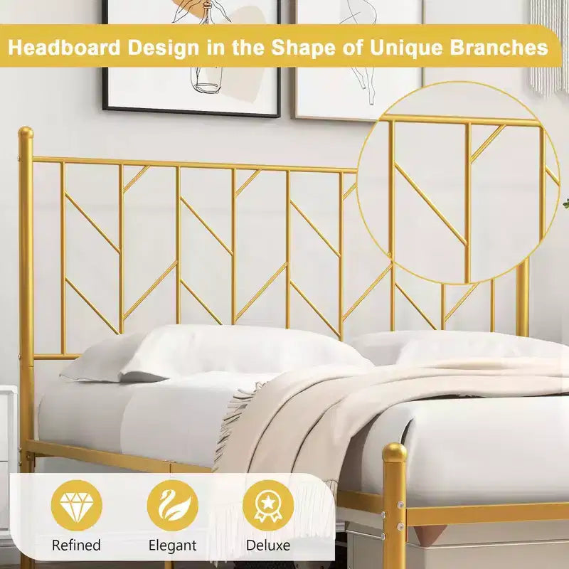 Full/Queen/Twin Size Metal Platform Bed Frame Vintage Headboard Mattress Foundation Gold
