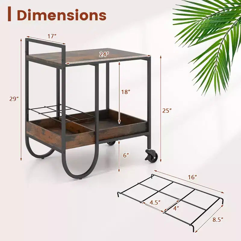Industrial Bar Cart Rolling Buffet Serving Cart with Removable Metal Wire Rack