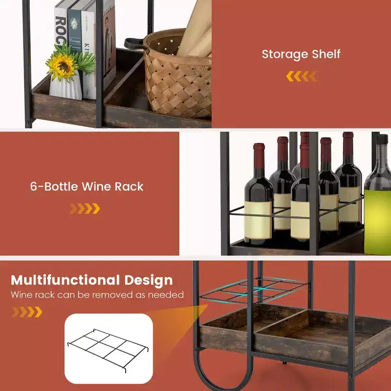 Industrial Bar Cart Rolling Buffet Serving Cart with Removable Metal Wire Rack