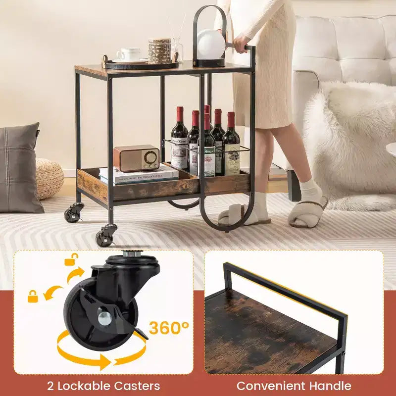 Industrial Bar Cart Rolling Buffet Serving Cart with Removable Metal Wire Rack