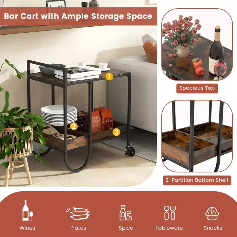 Industrial Bar Cart Rolling Buffet Serving Cart with Removable Metal Wire Rack