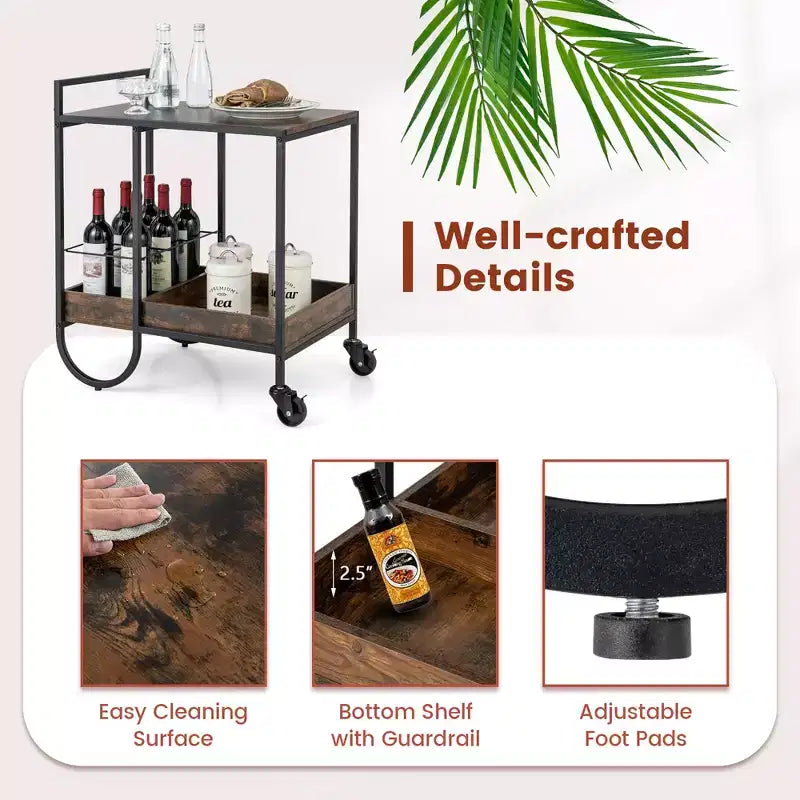 Industrial Bar Cart Rolling Buffet Serving Cart with Removable Metal Wire Rack