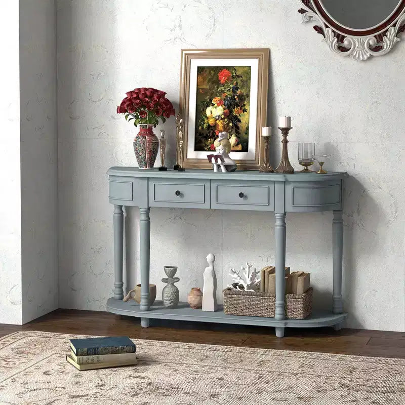 52" Long Sofa Table with 2 Drawers & Open Shelf Retro Console Table with Storage