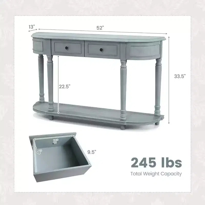 52" Long Sofa Table with 2 Drawers & Open Shelf Retro Console Table with Storage