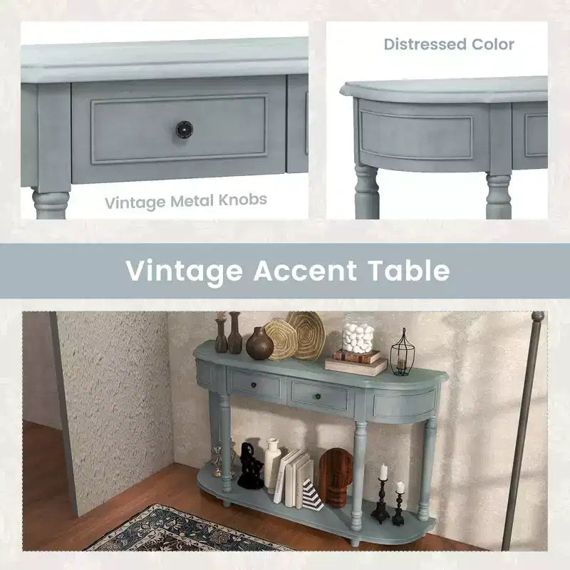 52" Long Sofa Table with 2 Drawers & Open Shelf Retro Console Table with Storage